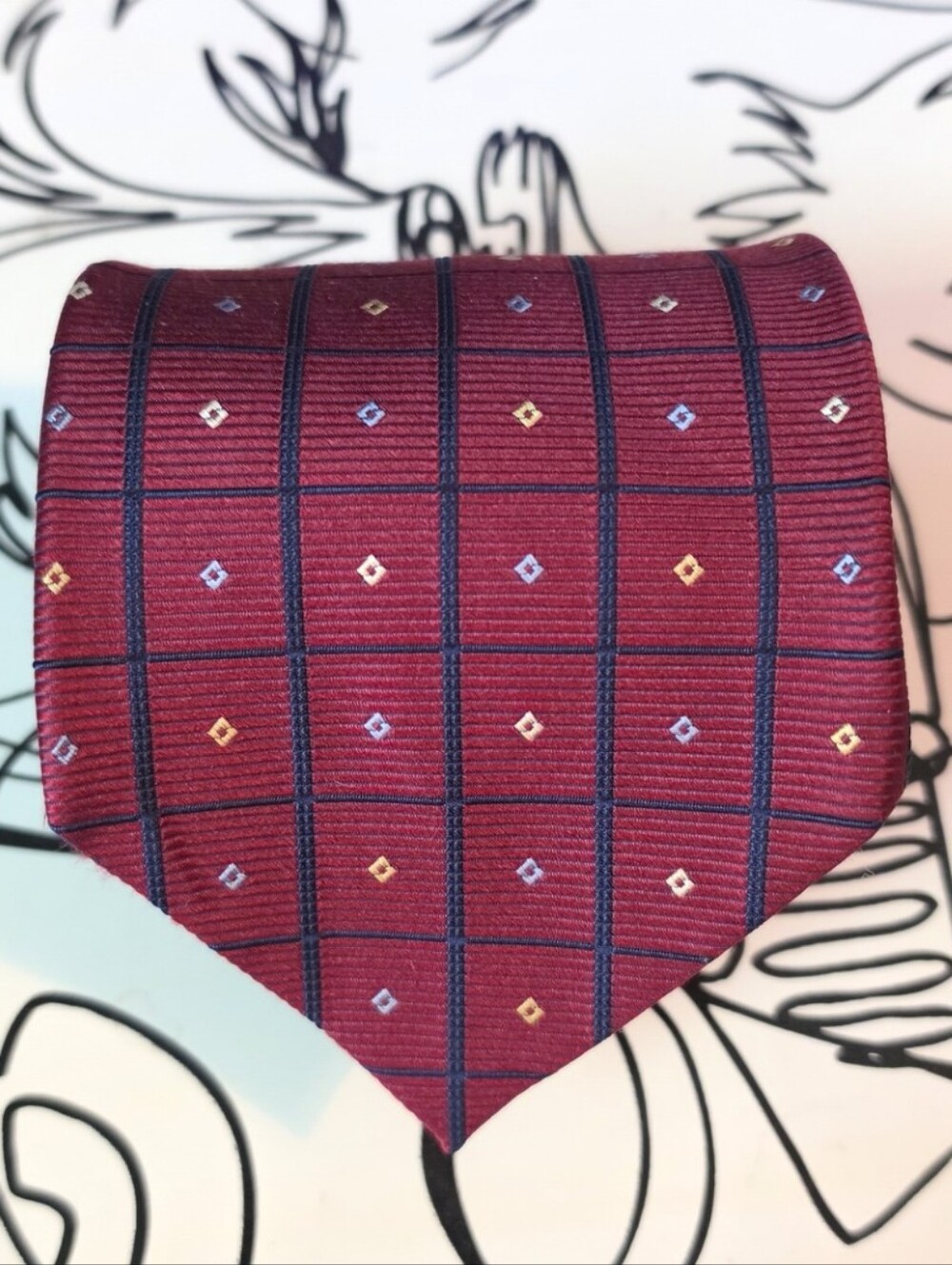 Jos A Bank Tie Mens Red Blue Grid Geometric Diamond Silk Classic Necktie 59"